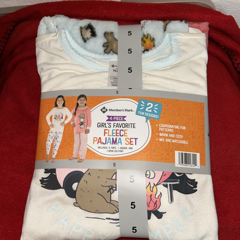 Members Mark Four Piece Girls Fleece Pajama Set Size 5 New